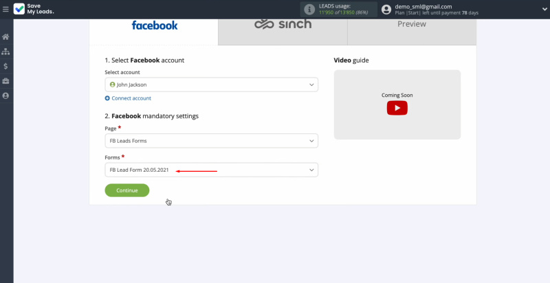 Facebook and Sinch integration | Select the form and click “Continue”