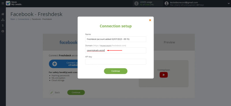 Facebook and Freshdesk integration | Paste the domain into the appropriate field in SaveMyLeads