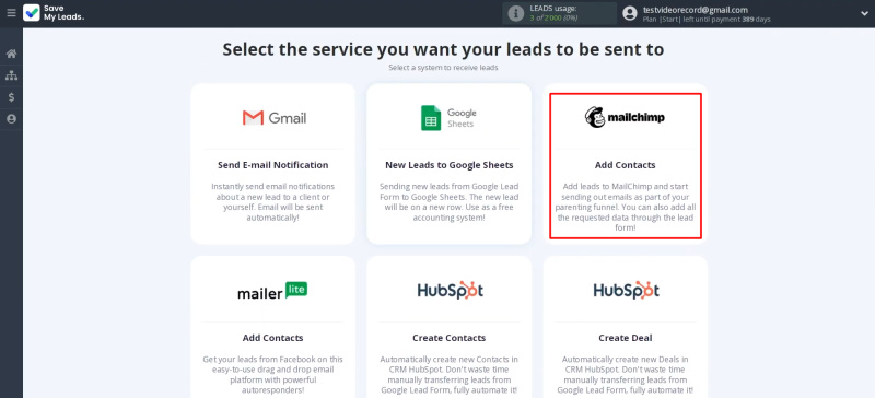 Google Lead Form and Mailchimp integration | Select "Mailchimp (Add Contacts)"