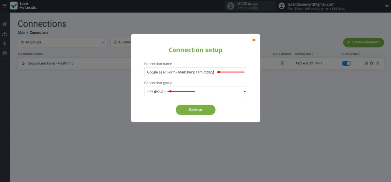 Google Lead Form and Mailchimp integration | Change the connection name and add it to a group