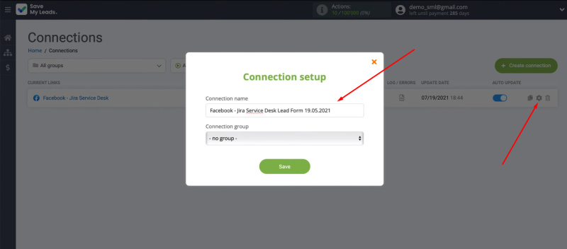 Facebook and Jira Service Desk integration | Specify value in the “Connection name” field