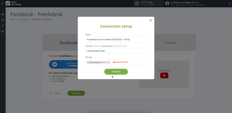 Facebook Lead Ads and Freshdesk integration | Paste the API key into the appropriate field