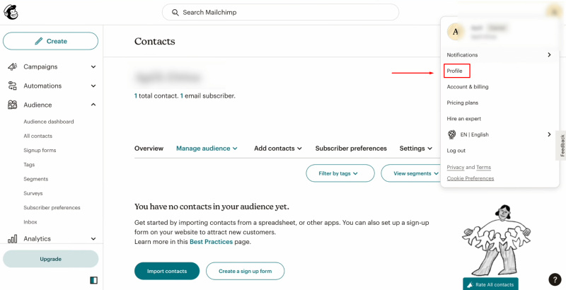 TikTok and Mailchimp integration | Go to the profile settings of your Mailchimp account