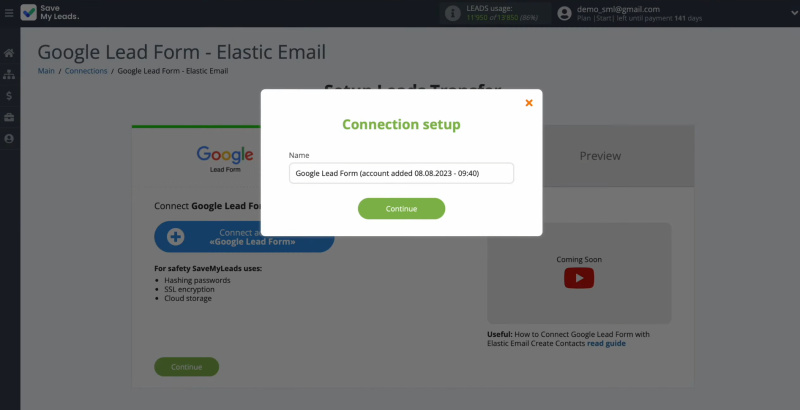 Google Lead Form and Elastic Email integration | Give a name to connection or click “Continue”