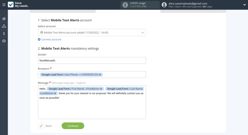 Google Lead Form and Mobile Text Alerts integration | After all the required fields are filled in, click “Continue”