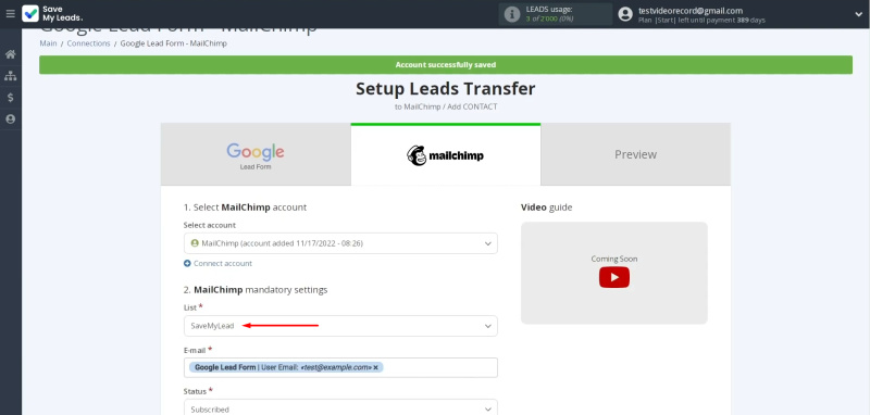 Google Lead Form and Mailchimp integration | Specify the list to which the data will be transferred