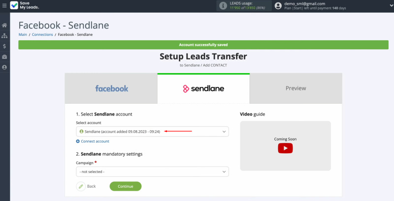 Sendlane and Facebook integration | Select the connected account
