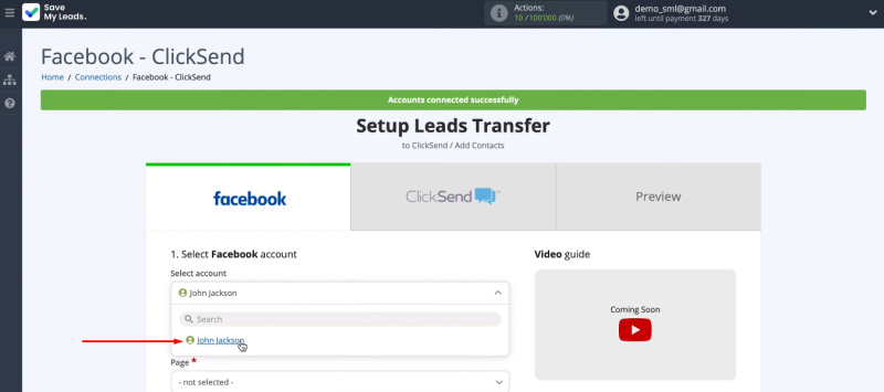 Facebook and ClickSend integration | Select added account