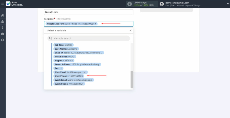 Google Lead Form and Sinch integration | In the recipient field, assign the phone number