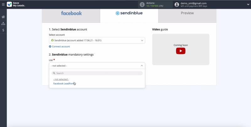 Facebook and Sendinblue integration | Specify list