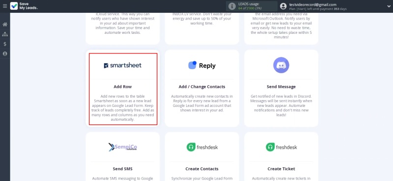 Google Lead Form and Smartsheet integration | Choose Smartsheet (Add Row)