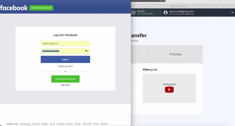 Facebook and Monday.com integration | Window input login and password