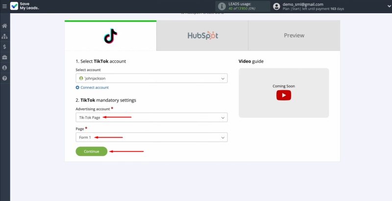 TikTok and HubSpot integration | Choose the relevant advertising page and form