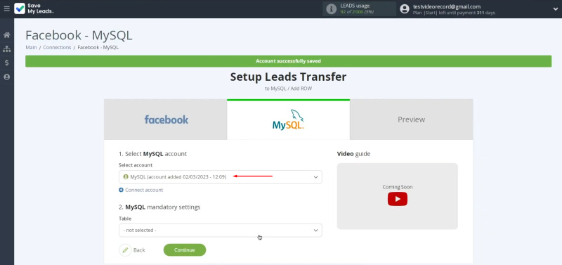 MySQL and Facebook integration | Select the newly created login