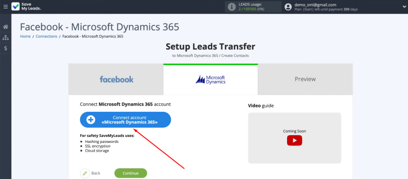 Facebook and Microsoft Dynamics 365 integration | Connect the Microsoft Dynamics 365 account to the SML