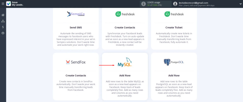 MySQL and Facebook integration | Select the template “MySQL Add Row”