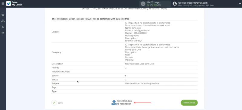 Facebook Lead Ads and Freshdesk integration | Send test data to Freshdesk