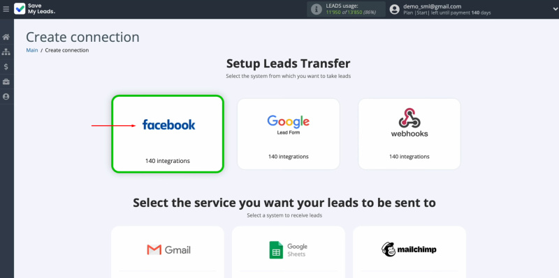 Sendlane and Facebook integration | Select a data source system