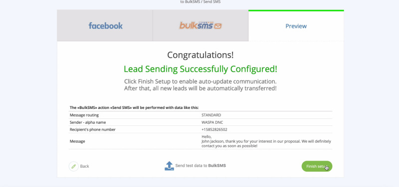 Facebook and BulkSMS integration | Click Finish Setup