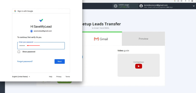 Google Lead Form and Gmail integration | Enter the password for your Gmail account