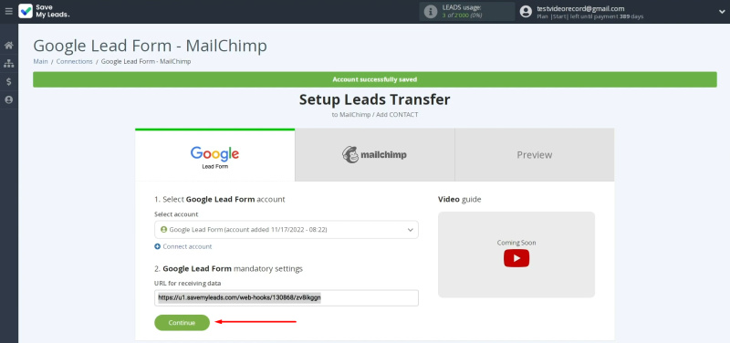 Google Lead Form and Mailchimp integration | Return to SaveMyLeads and continue setting up