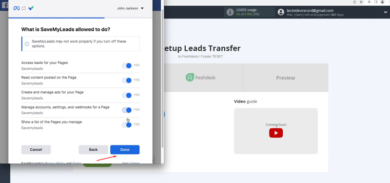 Facebook Lead Ads and Freshdesk integration | Leave all access check boxes enabled