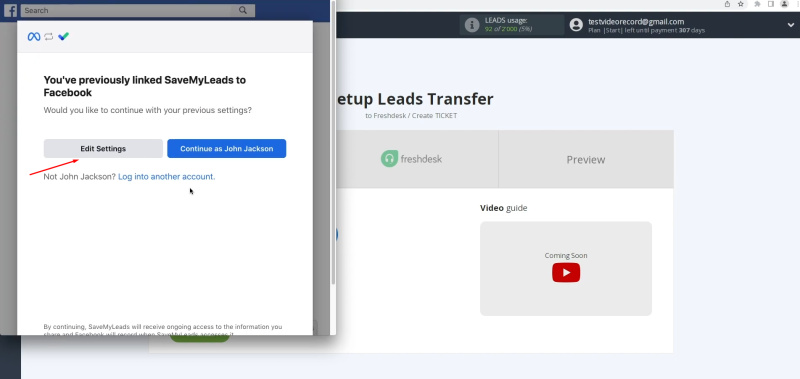 Facebook Lead Ads and Freshdesk integration | Go to "Edit Settings"