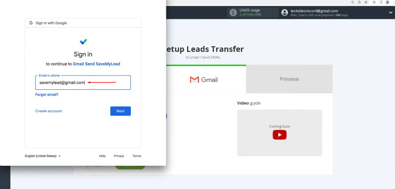 Google Lead Form and Gmail integration | Enter the login for your Gmail account