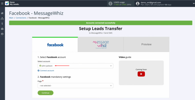 MessageWhiz and Facebook integration | Select the connected login