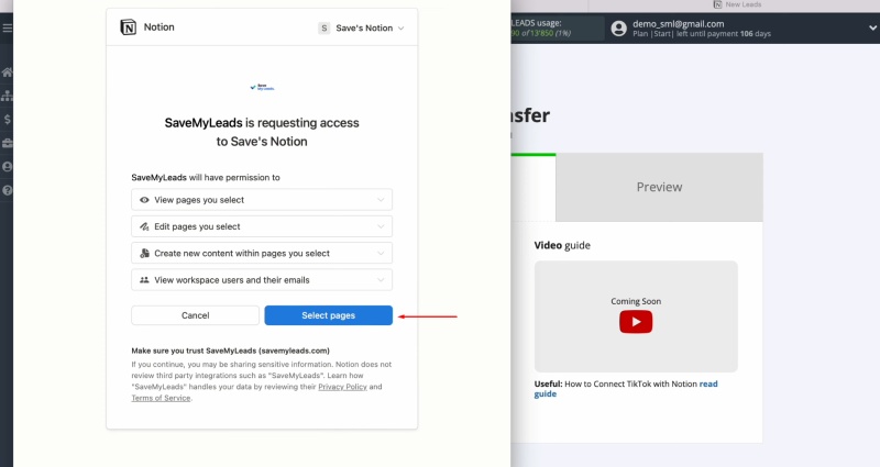 Notion and TikTok integration | Select specific pages to grant permissions