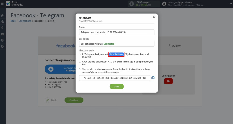 Facebook and Telegram integration | Click on the button with the name of the bot