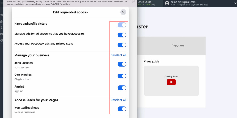 Facebook and Worksection integration | Leave all access checkboxes enabled