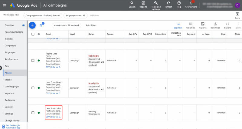 Google Ads Lead Form and ClickUp integration | Locate and select the lead form