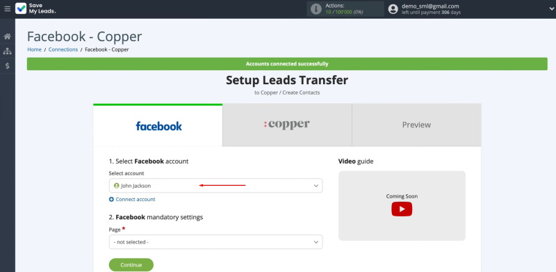 Facebook and Copper integration | Select the connected account