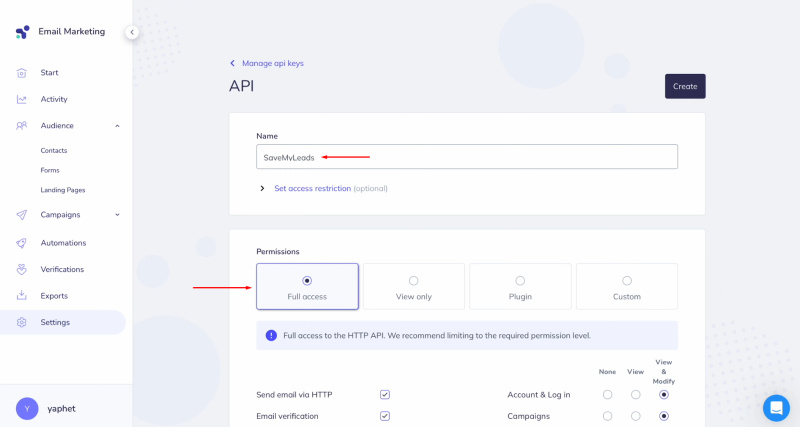 Google Lead Form and Elastic Email integration | Specify a name for the new key and provide full access