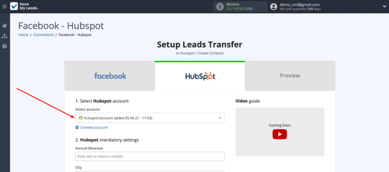 Facebook and HubSpot integration | Select account<br>