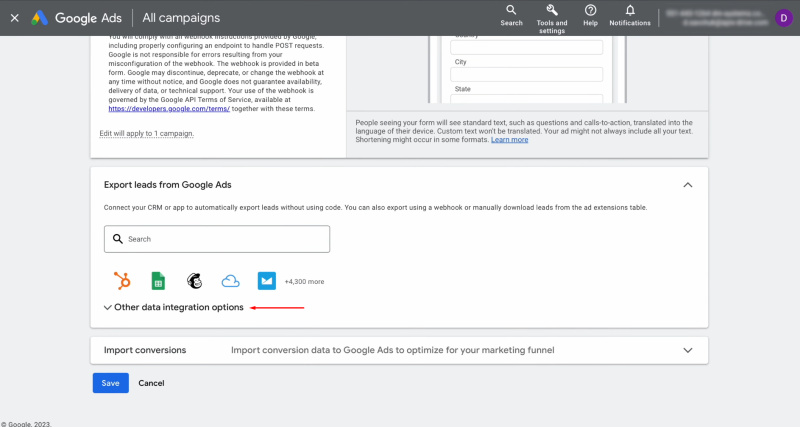 Google Lead Form and Elastic Email integration | Find the section "Other data integration options"