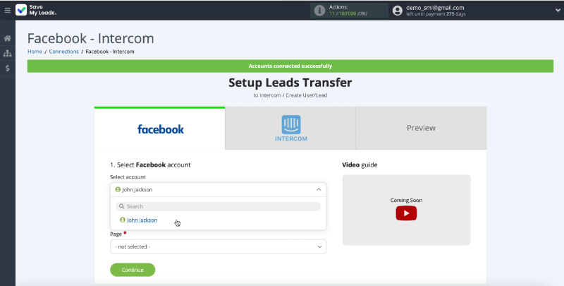 How to Create Intercom Leads from New Facebook Leads | Select your account