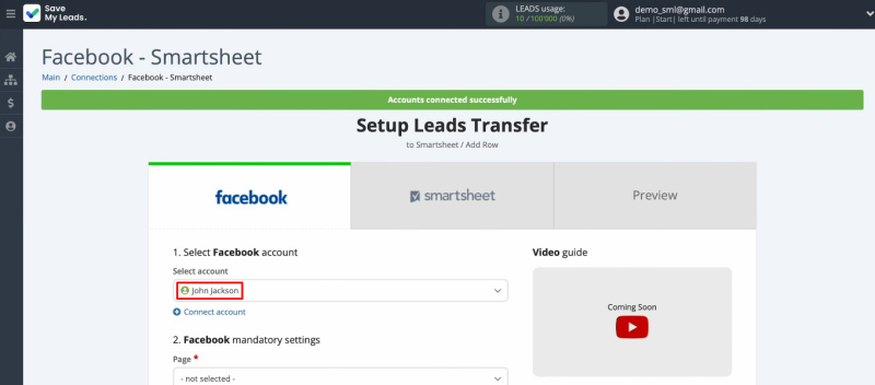 Facebook Lead Ads and Smartsheet integration | Select a Facebook account