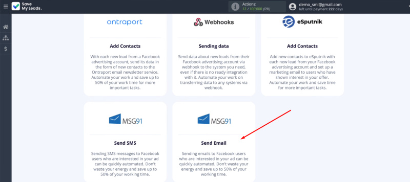Facebook and MSG91 integration | Select template