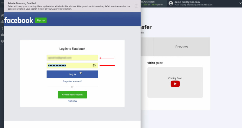 Facebook and Drip integration | Specify the login and password