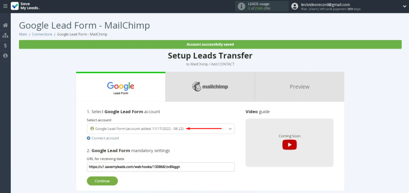 Google Lead Form and Mailchimp integration | Select the connected account