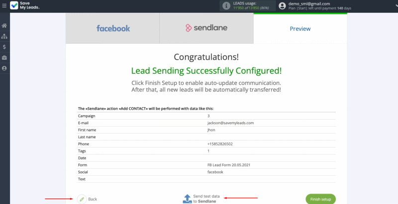 Sendlane and Facebook integration | Click "Back" or “Send test data to Sendlane”