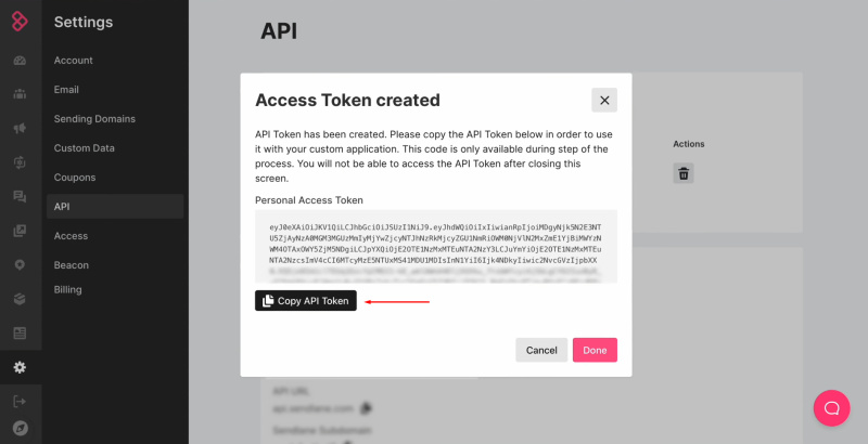 Sendlane and Facebook integration | Copy the API token