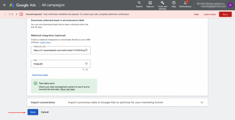 Google Ads Lead Form and Notion integration | Don’t forget to save the changes