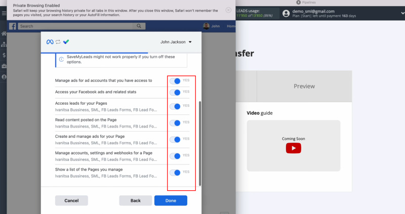 Facebook and KeyCRM integration | Leave all checkboxes enabled