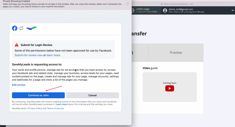 Facebook and Sinch integration | Click “Continue”