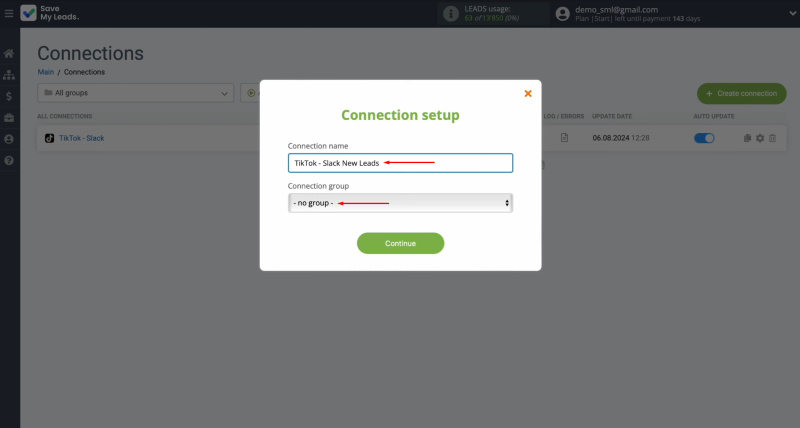 TikTok and Slack integration | Modify the connection name and assign it to a group