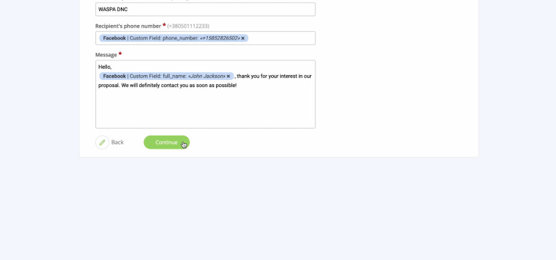 Facebook and BulkSMS integration | Compose a message and click Continue