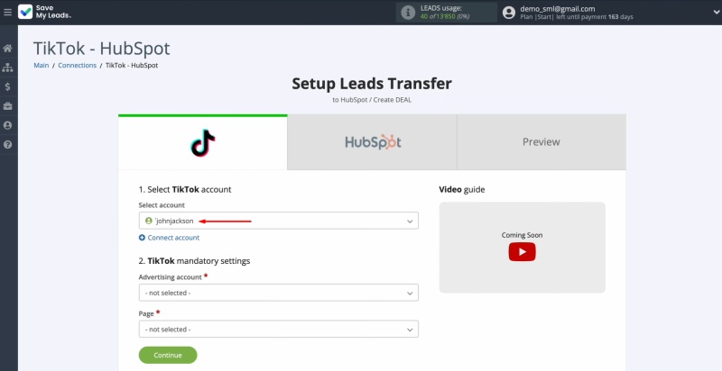 TikTok and HubSpot integration | Select the connected account